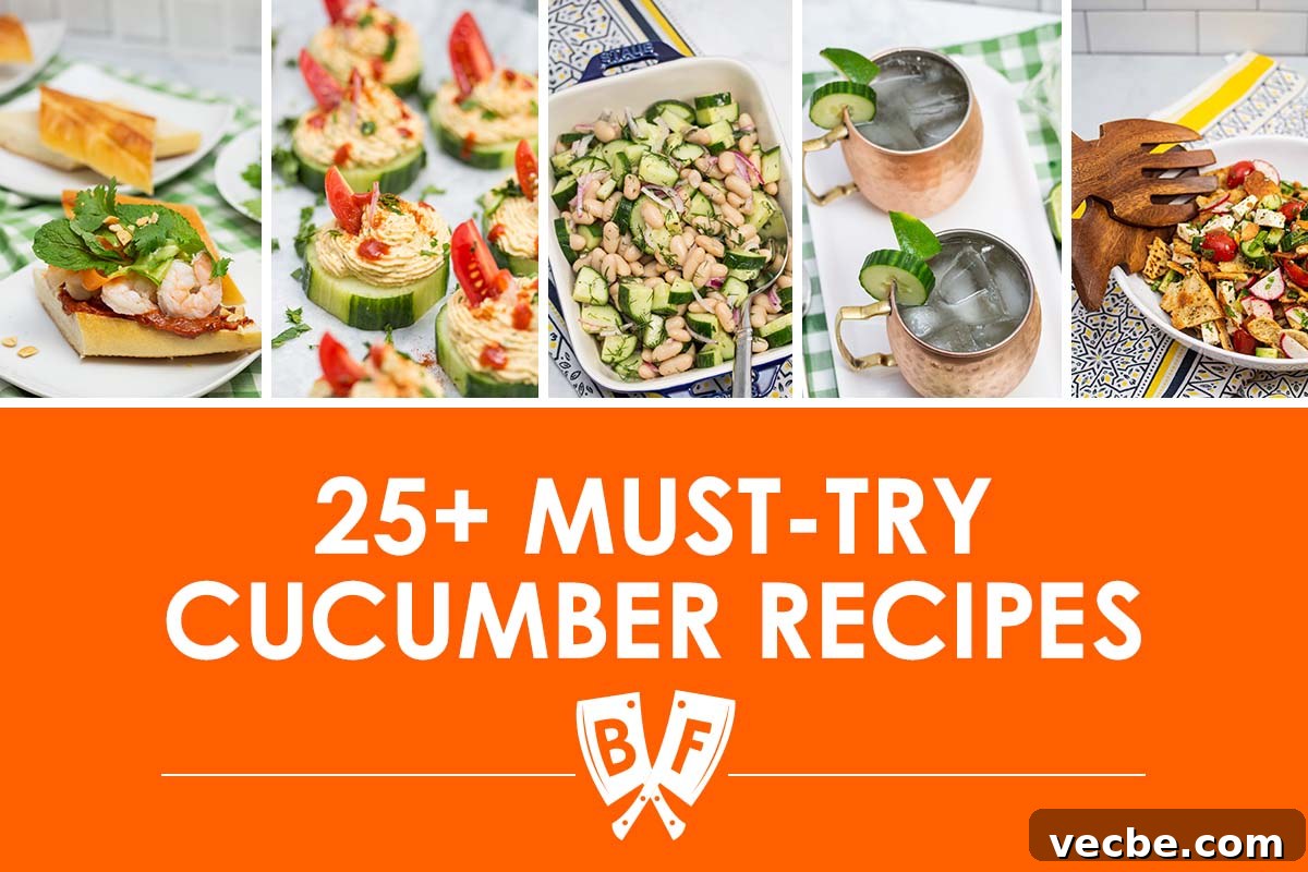 Over 25 Cucumber Recipes for Salads, Sides and Drinks 2 Collage of cucumber recipe images with text that reads, "25+ Must-Try Cucumber Recipes".