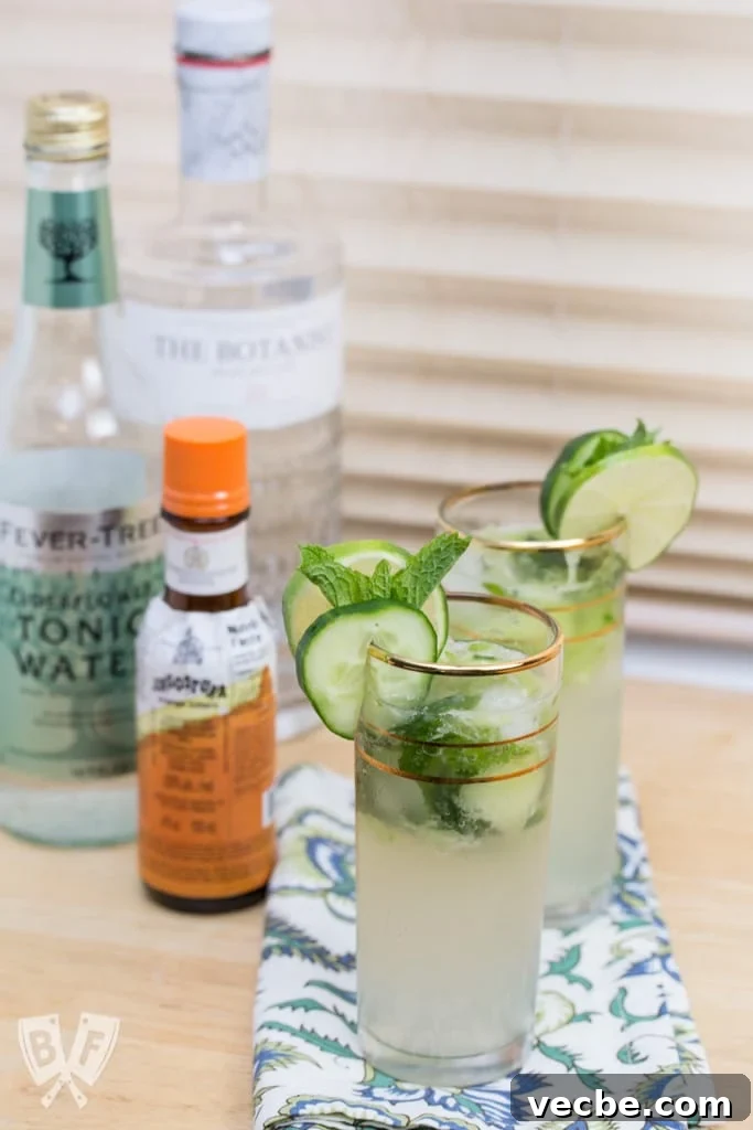 Gin cocktails with cucumber and mint garnishes.