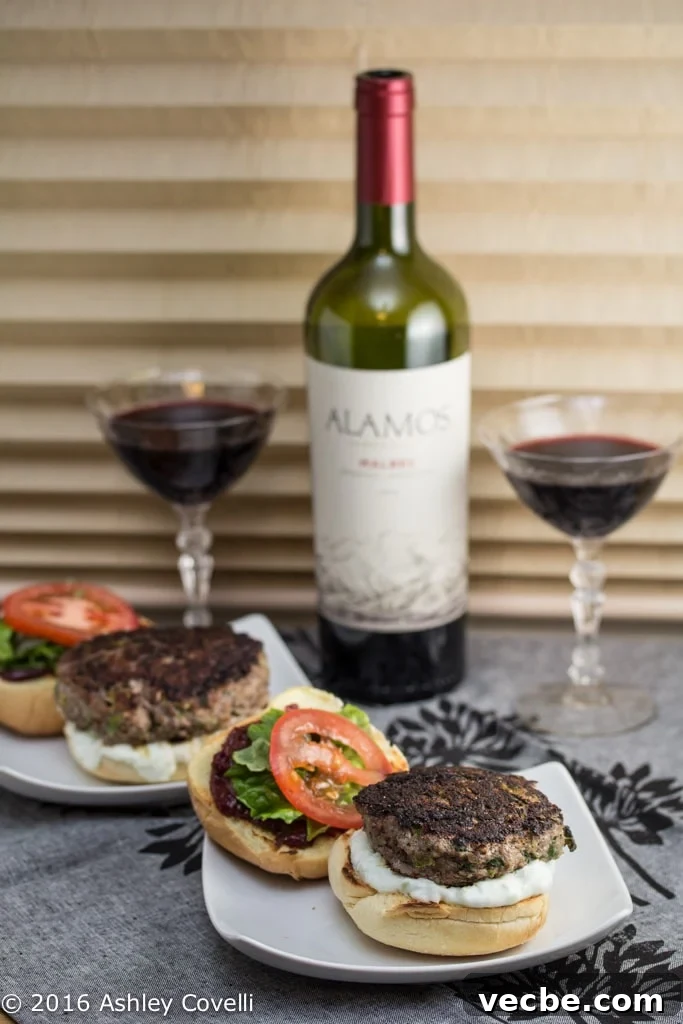 Persian Malbec Lamb Burgers with Mast-o-Khiar and Pomegranate Tomato Jam.