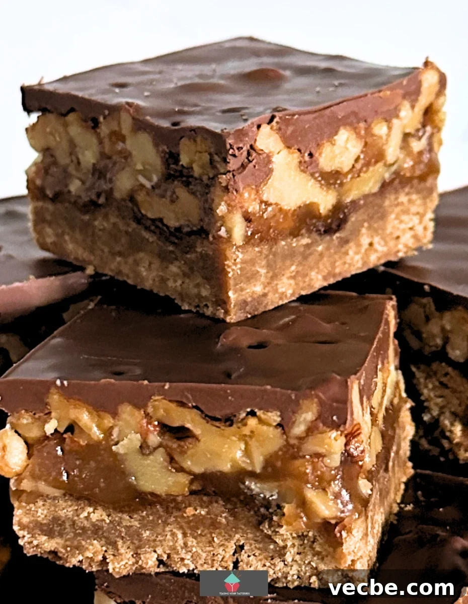 Chocolate Caramel Walnut Bars Chocolate Caramel Walnut Bars stacked for serving
