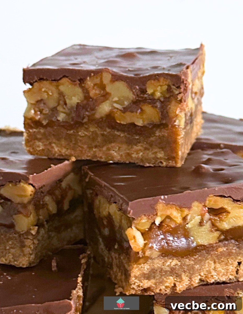 Chocolate Caramel Walnut Bars Chocolate Caramel Walnut Bars sliced and ready to serve