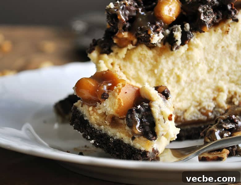 Peanut Butter Cheesecake with Chocolate Crunch Topping 4 Peanut Butter Cheesecake with chocolate peanut butter crunch topping | ofbatteranddough.com