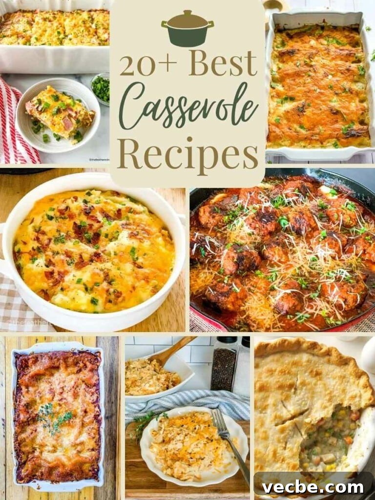 20+ Casserole Recipes for Crowd-Pleasing Family Dinners 2 a collage of casserole recipes: hash brown casserole, loaded potato casserole, chicken pot pie, lasagna, chicken enchiladas