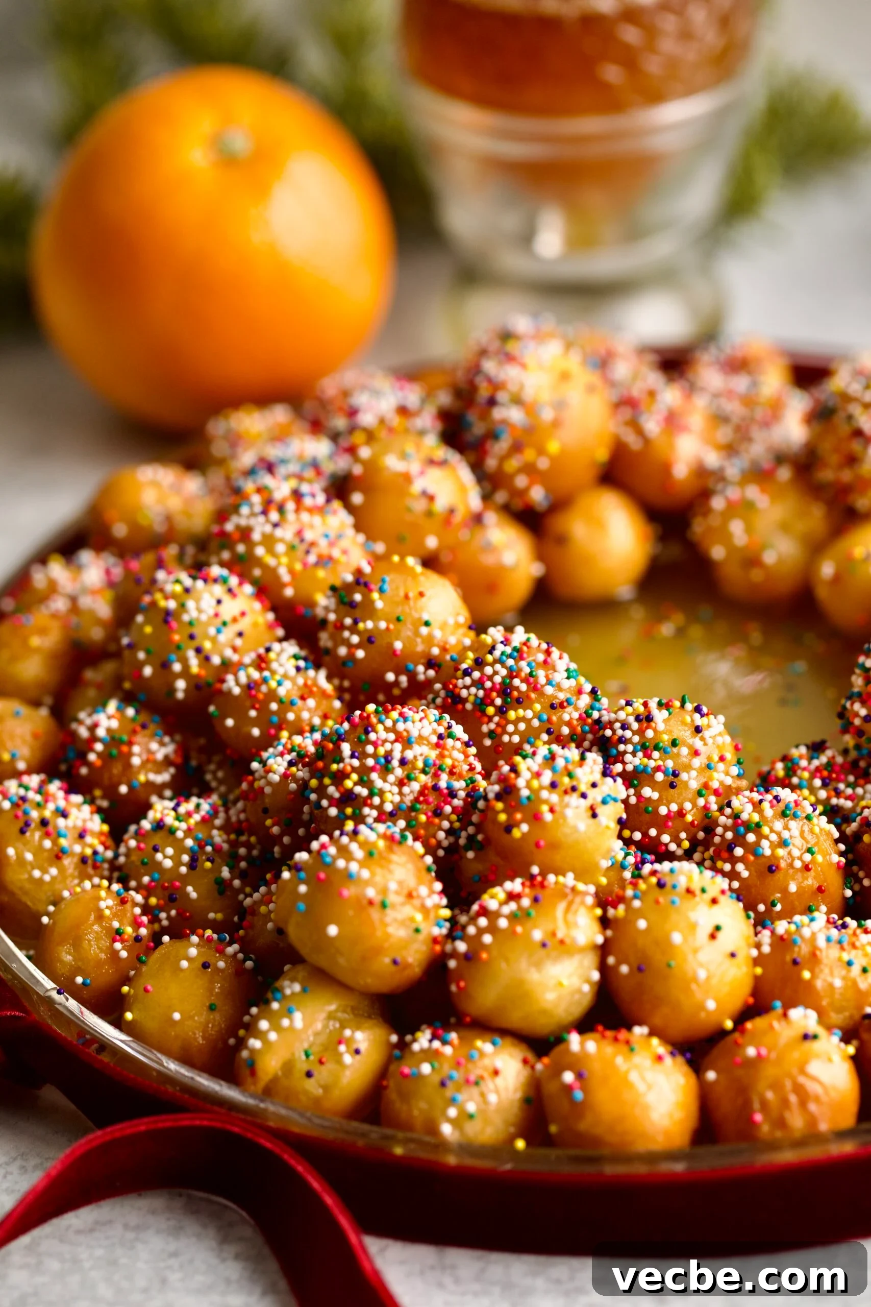 65+ Christmas Dessert Recipes Your Guests Will Love 35 struffoli honey dough balls with sprinkles on a serving platter- wreath shape. Orange and Christams ribbon on background.