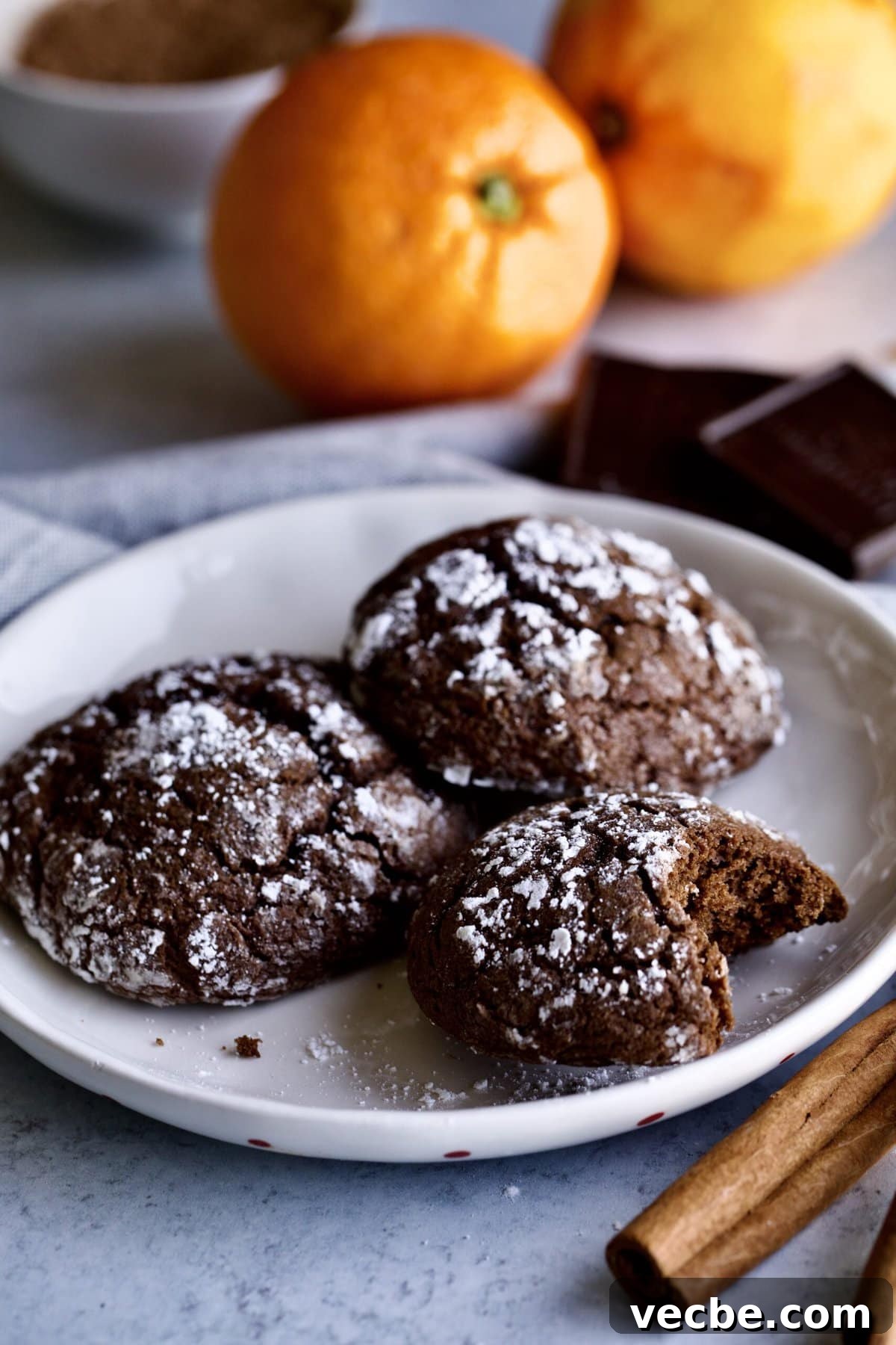65+ Christmas Dessert Recipes Your Guests Will Love 8 big and soft Italian chocolate spice cookies on a plate with a bite taken out of one cookie.