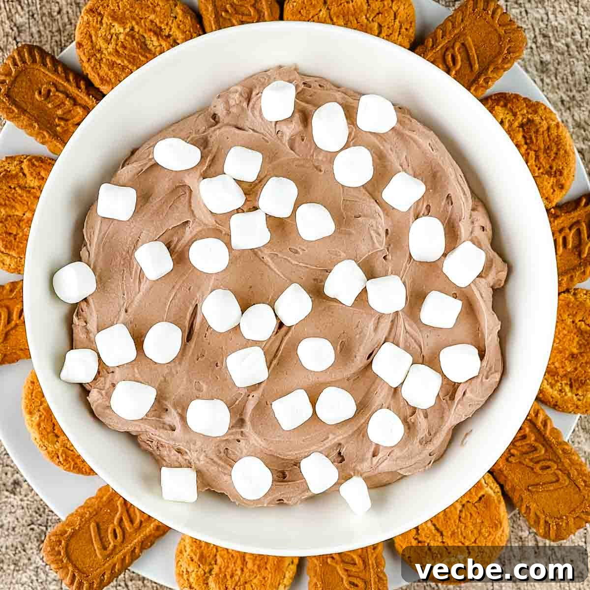 3 Ingredient Hot Cocoa Dip Without Marshmallow Fluff 7 The hot cocoa dip in a white serving bowl with cookies on the side for dippers.