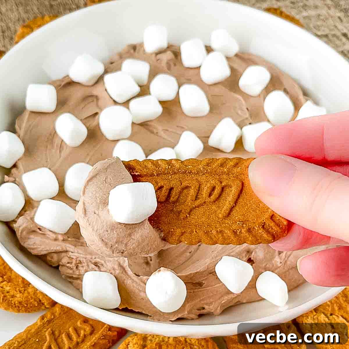 3 Ingredient Hot Cocoa Dip Without Marshmallow Fluff 8 A hand scooping up some hot chocolate dip with a Lotus Biscoff cookie.