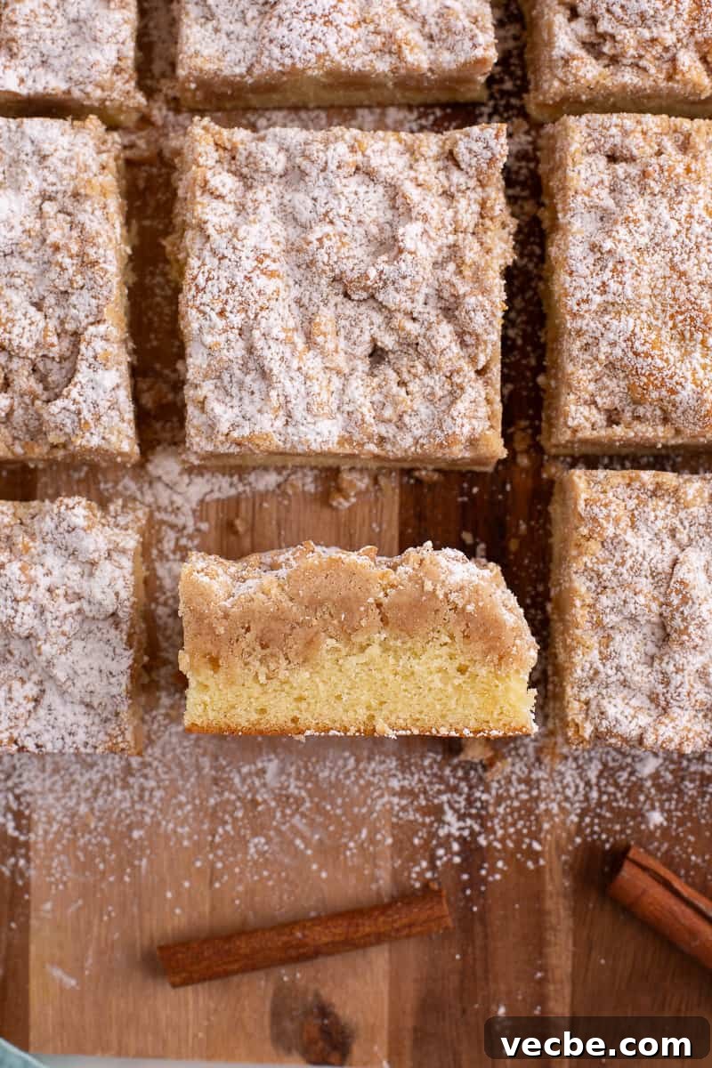 Crumb Cake Recipe with Cinnamon Streusel Topping 6 Crumb cake sprinkled with powdered sugar on a wooden board.
