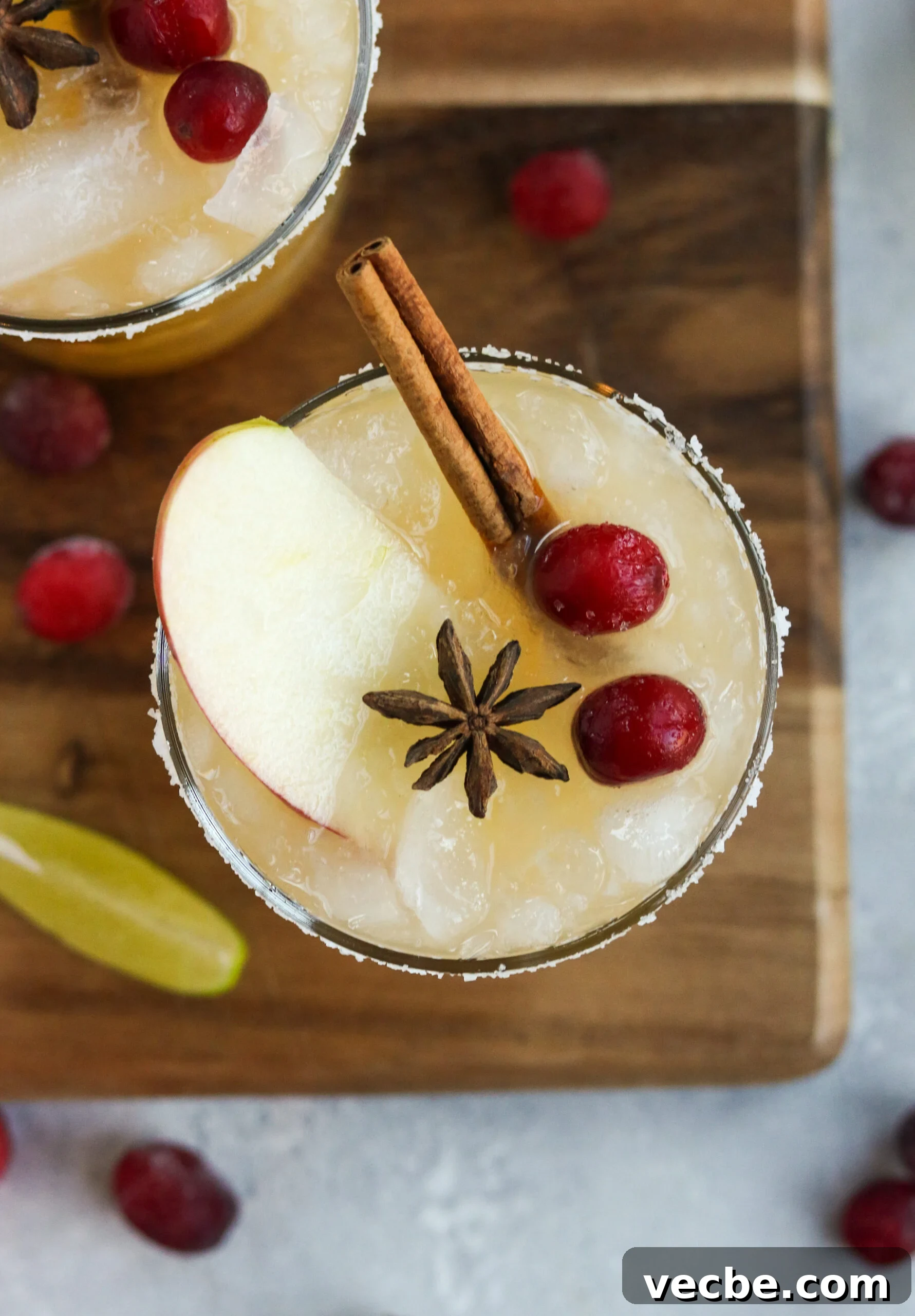Apple Cider Margarita Recipe with Cinnamon for Fall 2 thanksgiving margarita topped with a cinnamon stick, apple slice, and two cranberries