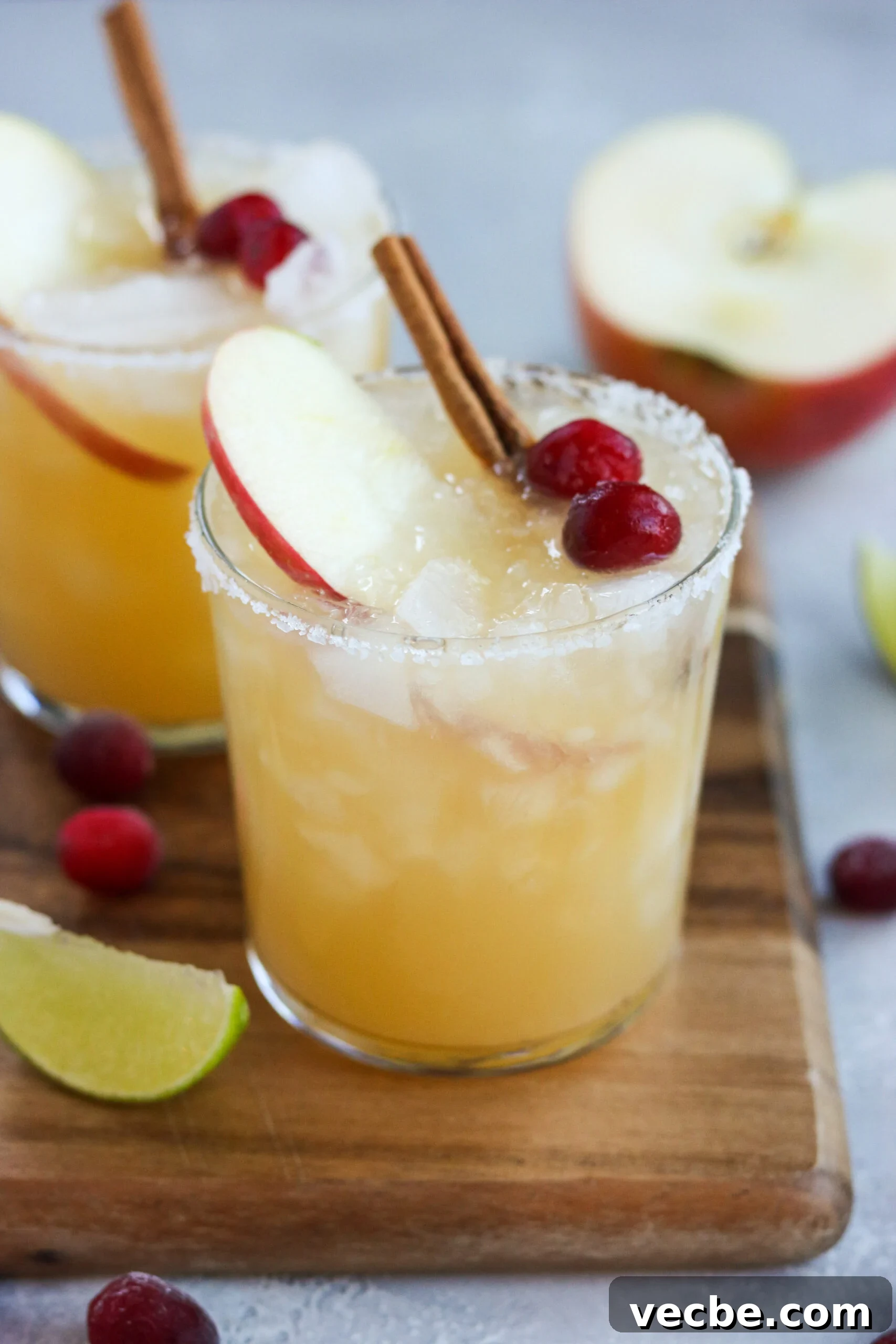 Apple Cider Margarita Recipe with Cinnamon for Fall 3 a highball glass filled with ice and an apple cider margarita mixture. Topped with an apple slice, two cranberries and a cinnamon stick with a sea-salt rim