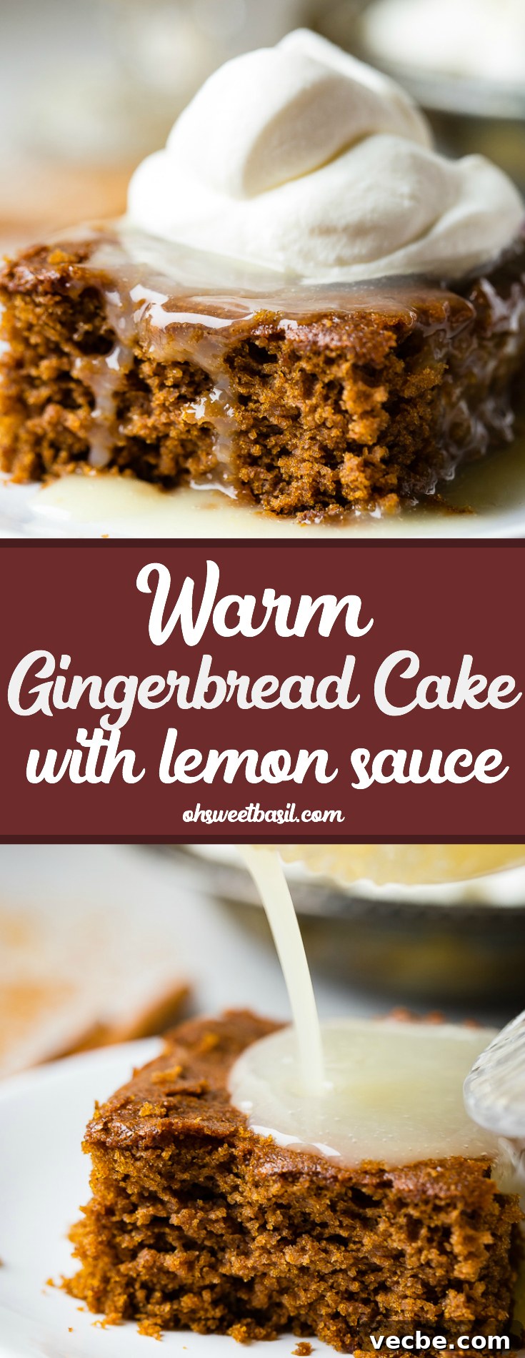 Warm Gingerbread Cake with Zesty Lemon Sauce 7 a warm slice of gingerbread cake with lemon sauce and a dollop of whipped cream