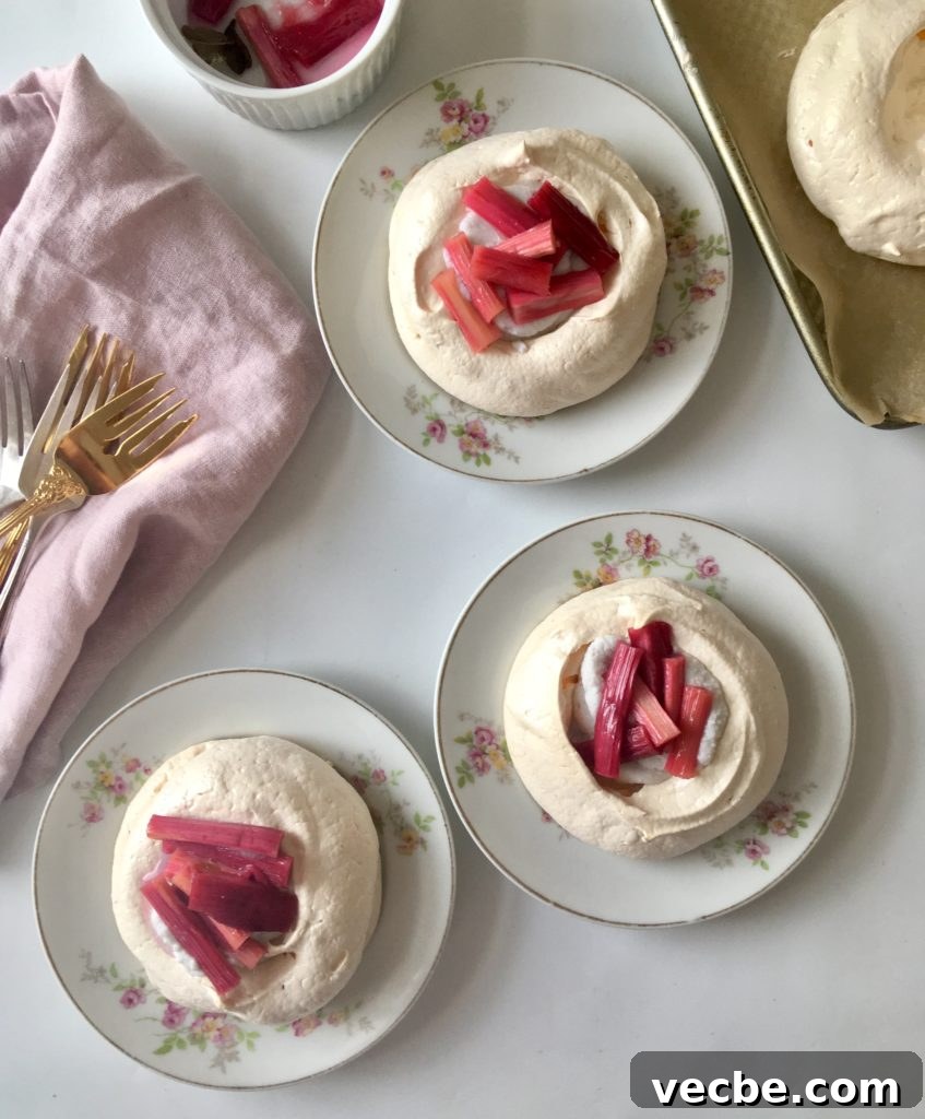 Mini Rhubarb Pavlovas with Kaffir Lime Coconut Cream 4 mini pavlova rhubarb kaffir lime coconut cream