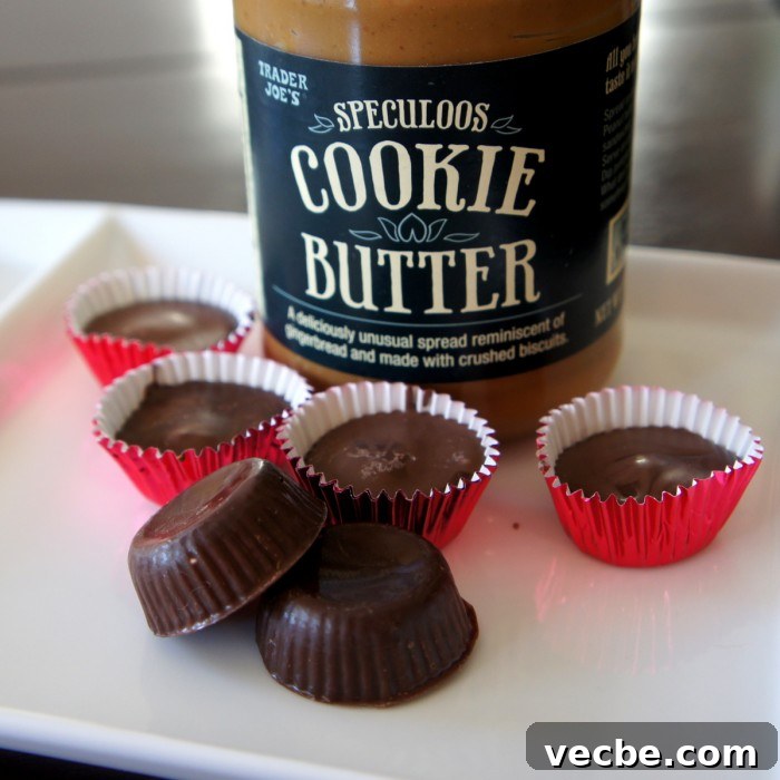 Chocolate Cookie Butter Cups - a creamy cookie butter center! Chocolates on a plate in front of a jar of cookie butter