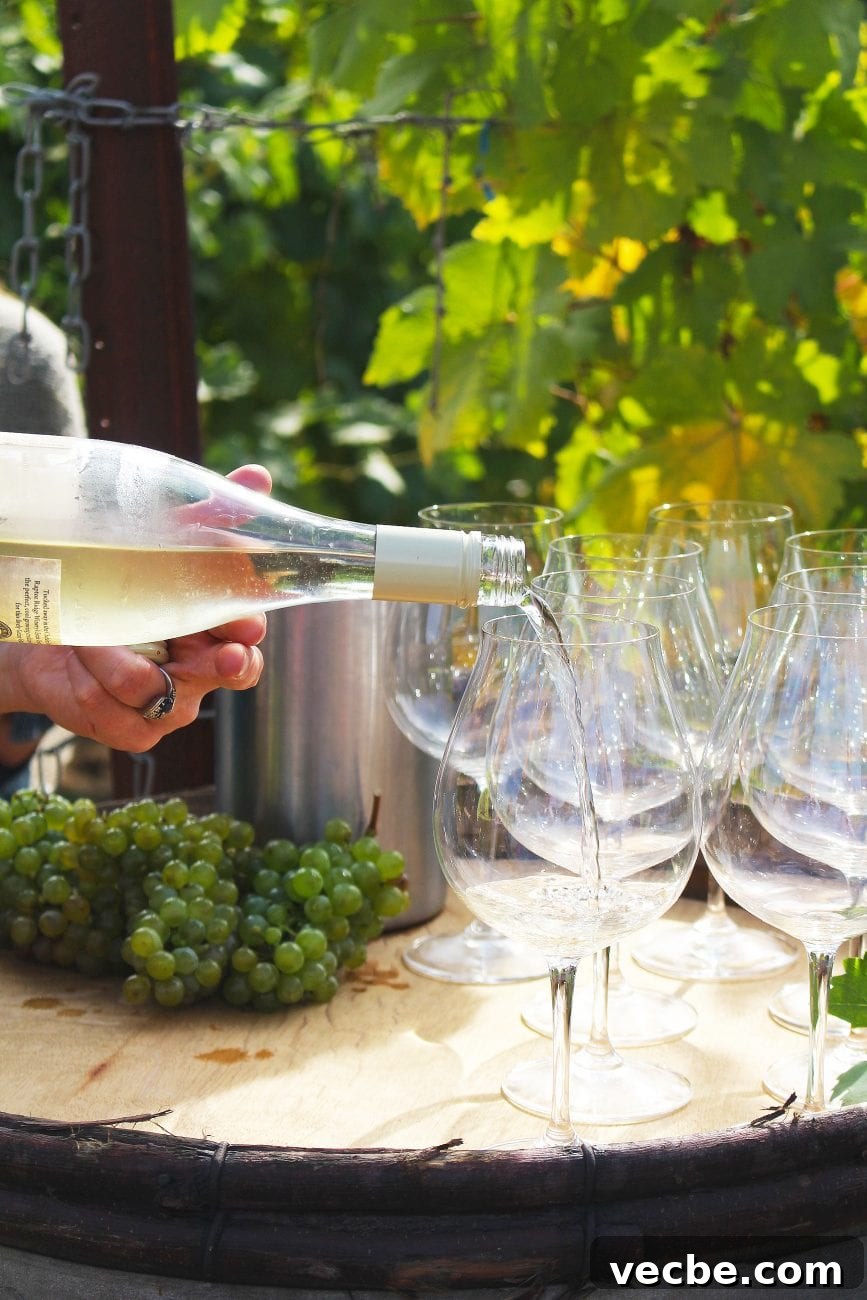 Summer Wine and Food Pairings for Warm Weather Meals 29 pouring white wine onto glasses on a wine barrel next to a vineyard.