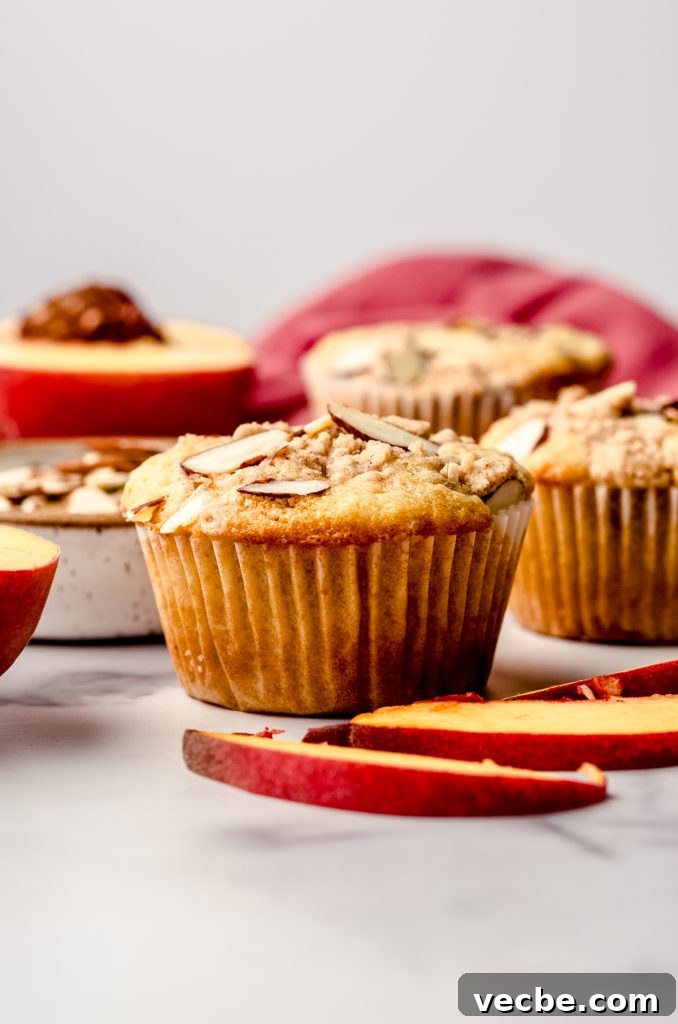 Peach Almond Streusel Muffins with Crumb Topping 3 A peach almond streusel muffin sitting on a surface with peaches and almond slices around it.