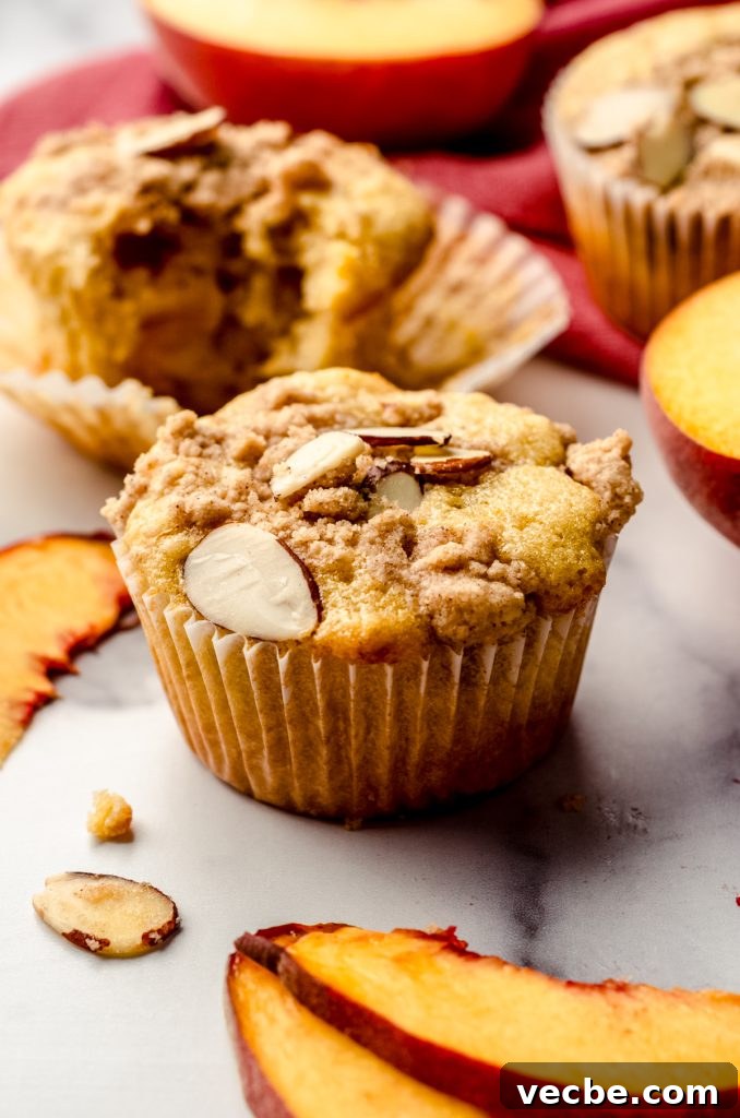 Peach Almond Streusel Muffins with Crumb Topping 4 A peach almond streusel muffin sitting on a surface with peaches and almond slices around it.