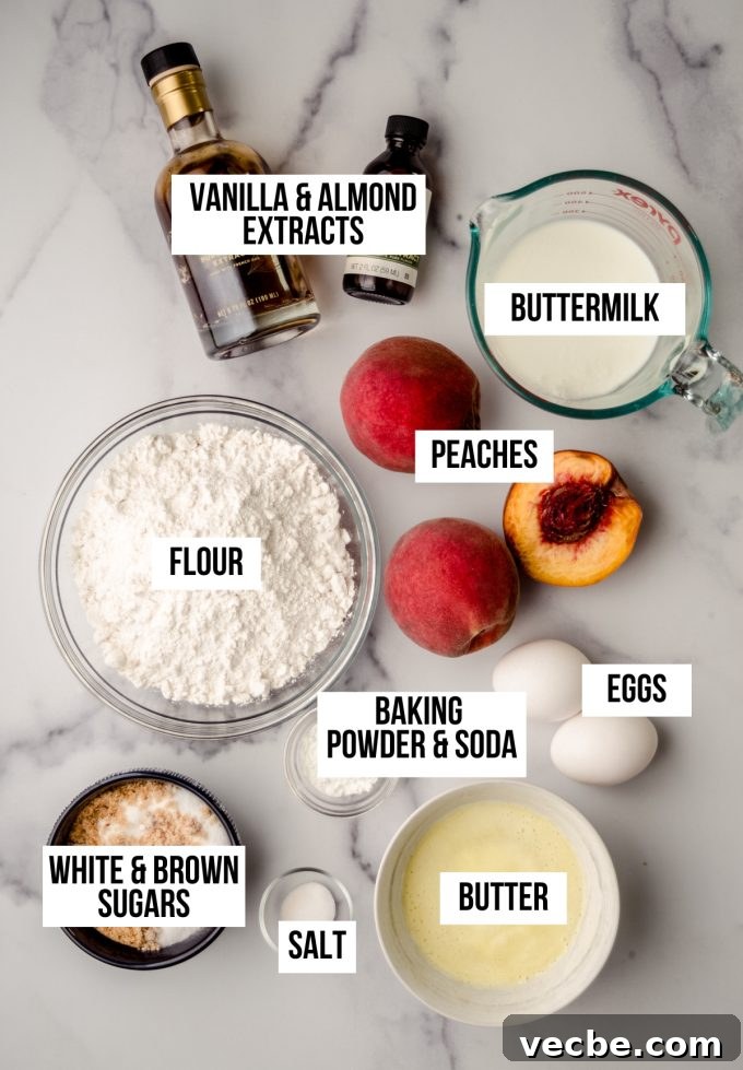Peach Almond Streusel Muffins with Crumb Topping 6 Aerial photo of ingredients to make peach almond streusel muffins with text overlay labeling each ingredient.