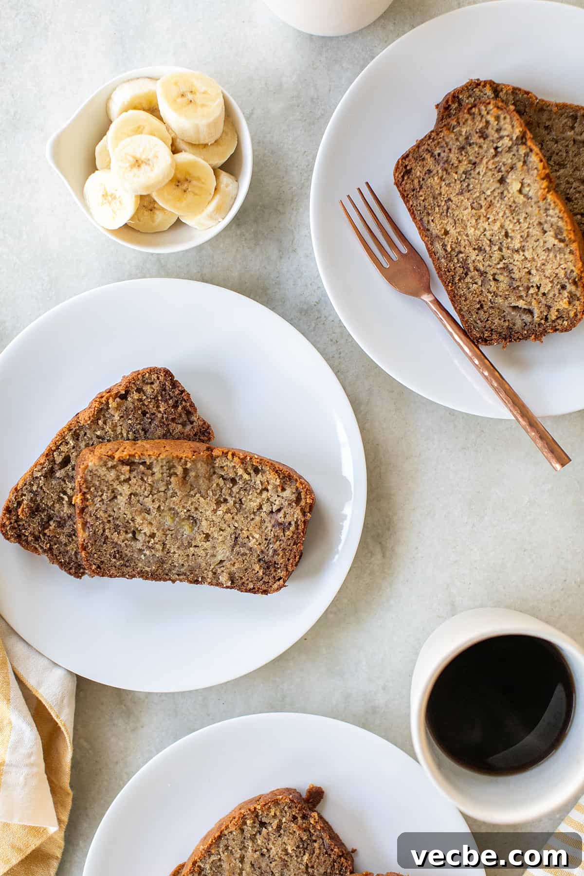 Moist Banana Bread Recipe with Ripe Bananas 13 An easy banana bread recipe on white plates with coffee.