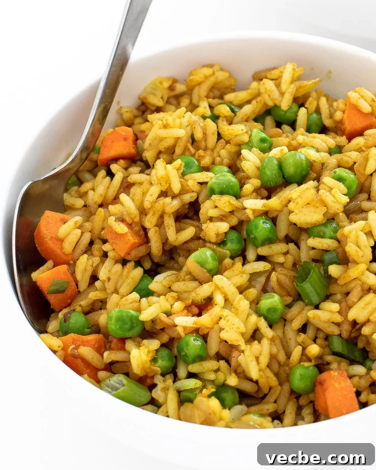Fragrant Curry Fried Rice Recipe 2 Bowl of curry fried rice with a silver spoon.