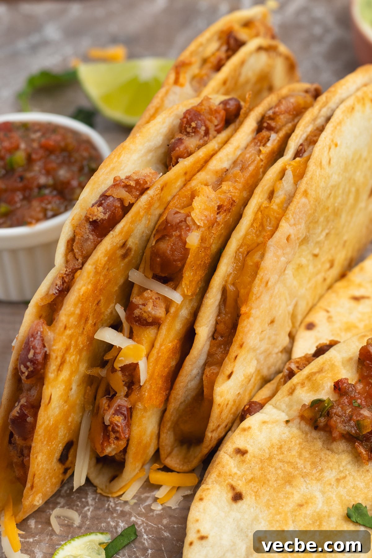 Crispy Baked Bean and Cheese Tacos with Avocado Crema 11 This is a close-up picture of the tacos.