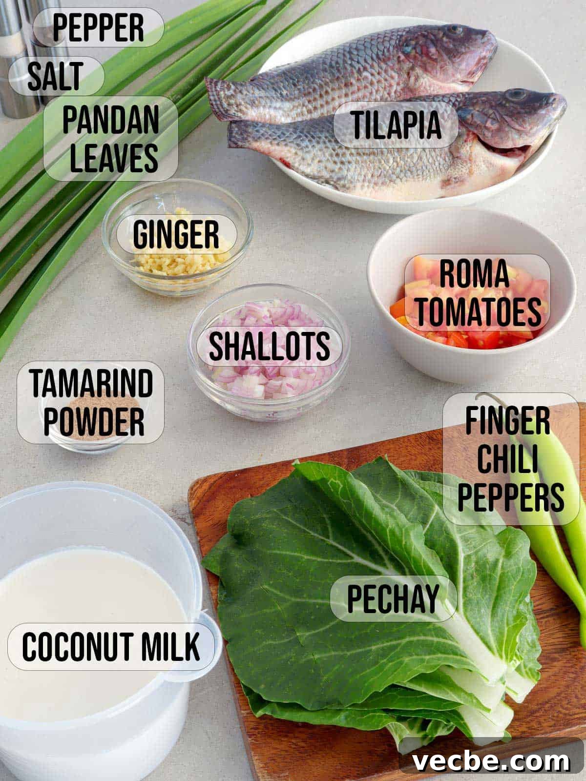 Sinanglay Tilapia: Filipino Coconut Milk Fish 3 Ingredients for Sinanglay na Tilapia including pechay leaves, tomatoes, shallots, pandan leaf, and coconut milk.