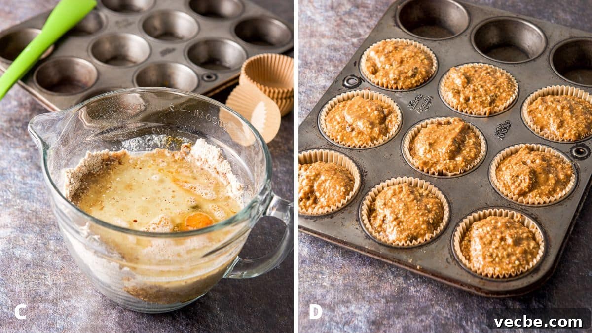 Moist Raisin Oat Bran Muffins Recipe 5 The ingredients in a bowl and the batter in the muffin pans