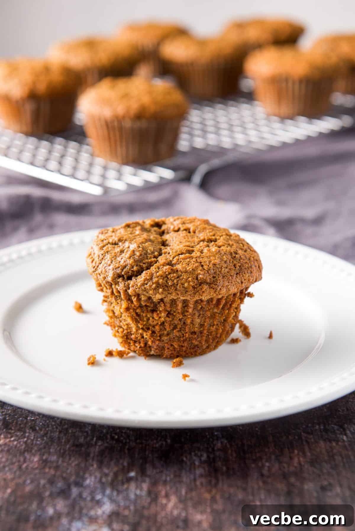 Moist Raisin Oat Bran Muffins Recipe 7 Close up of one of the oat bran muffins on a white plate with more muffins in the background