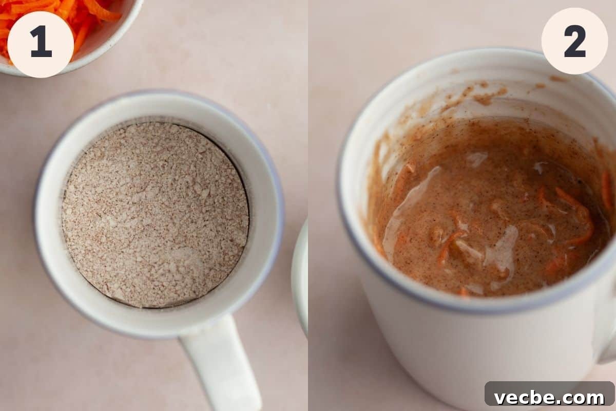 Carrot Mug Cake Recipe 4 steps 1 and 2 to make a carrot mug cake.