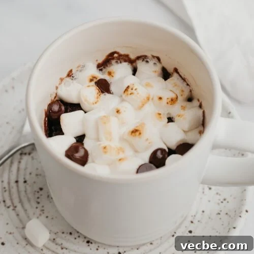 A white mug with a chocolate mug cake and marshmallows.