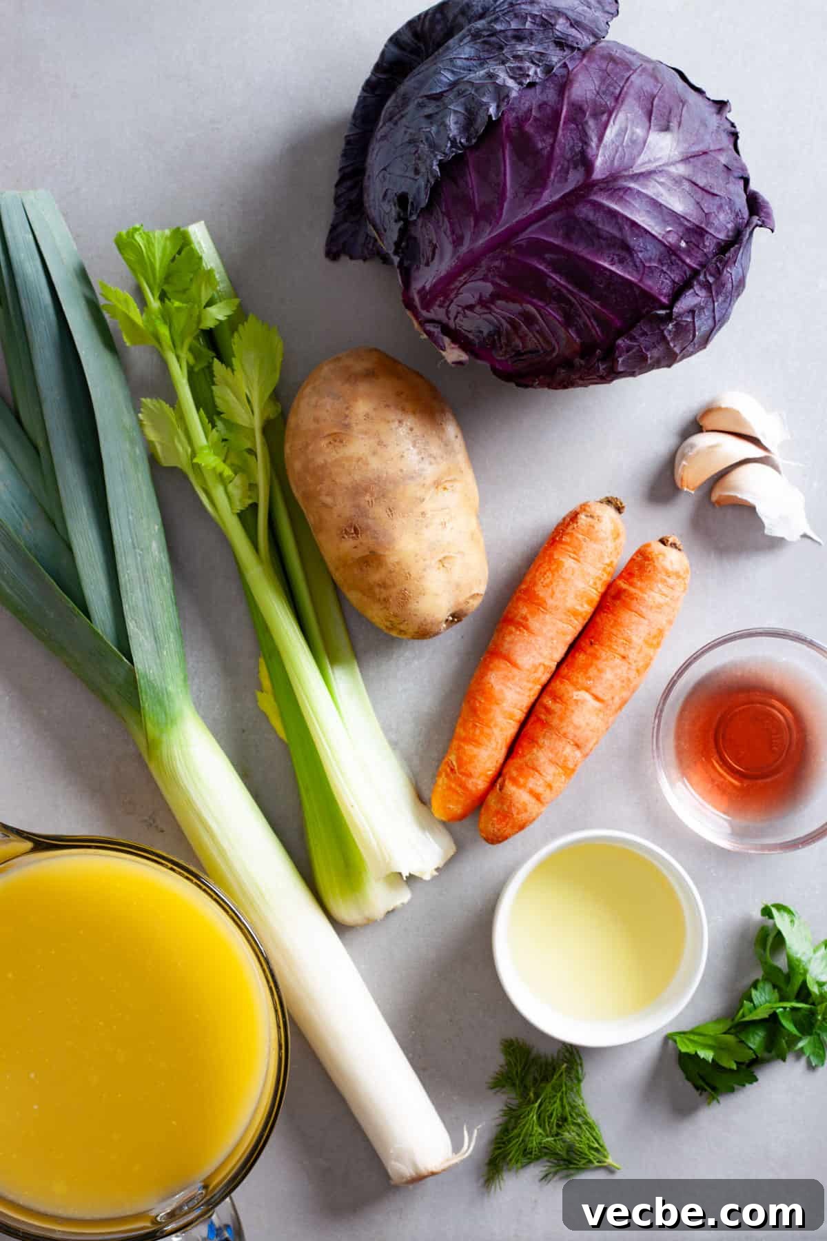 Comforting Red Cabbage Soup Recipe 3 Ingredients for a hearty red cabbage soup on a gray table.