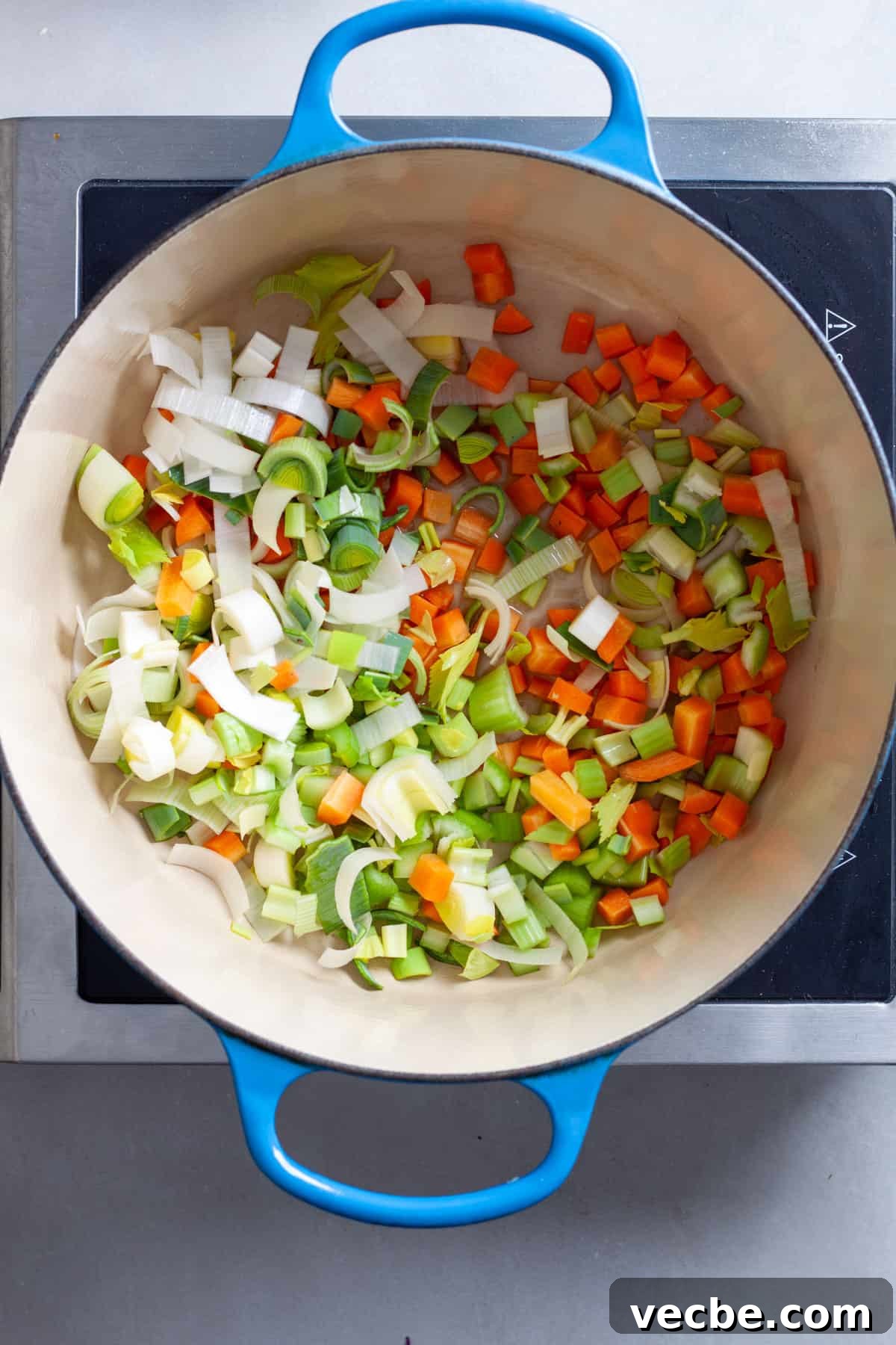 Comforting Red Cabbage Soup Recipe 6 Carrots, celery and leeks cooking in a large Dutch oven.