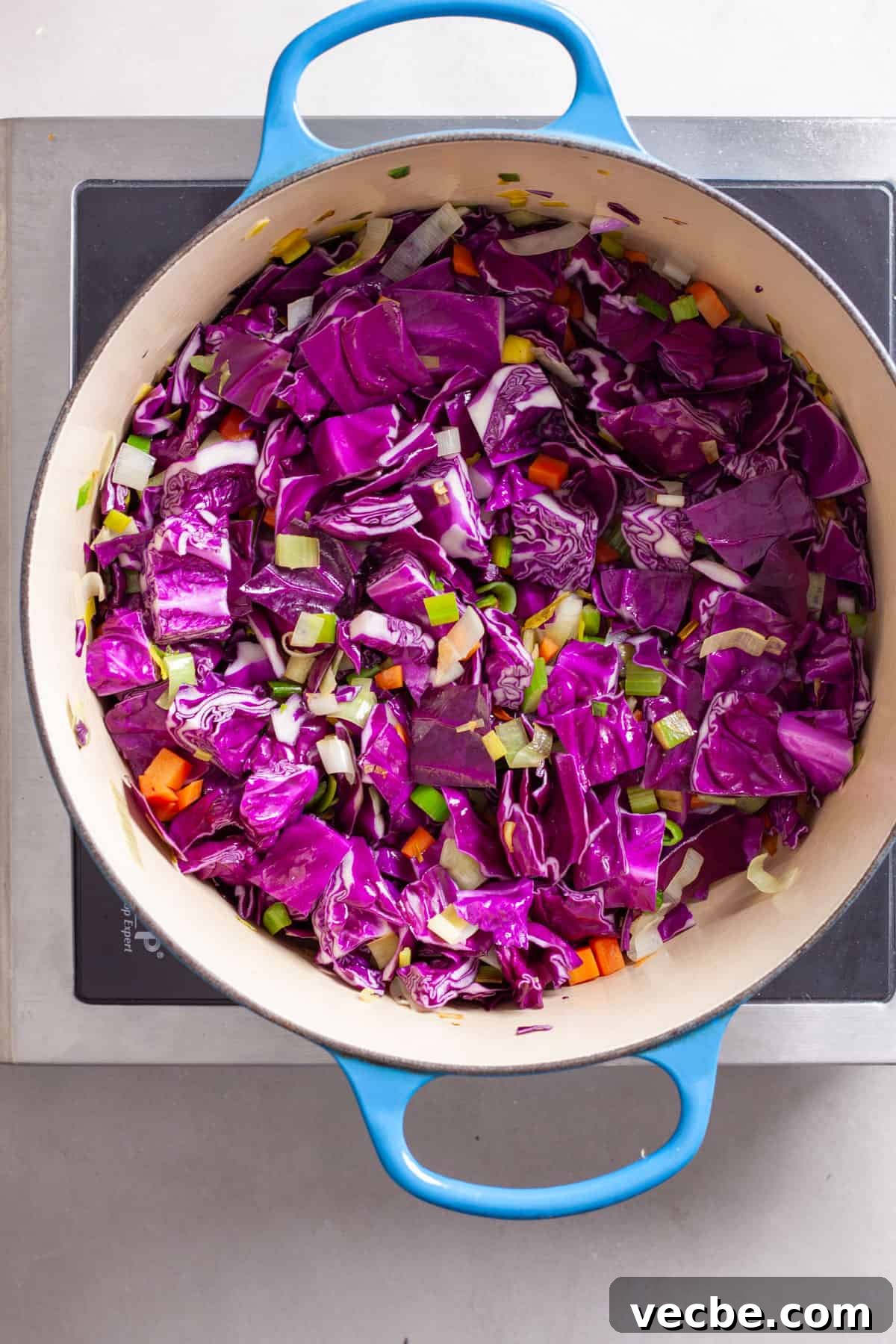 Comforting Red Cabbage Soup Recipe 7 Red cabbage added to a dutch oven for a hearty red cabbage soup.