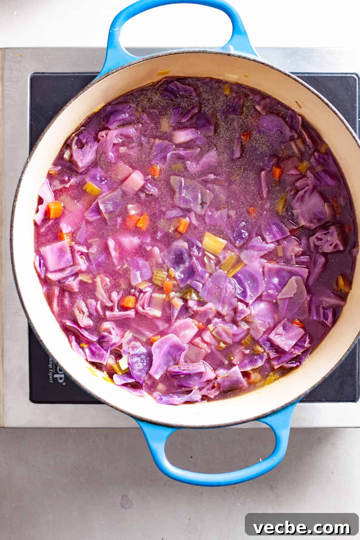 Comforting Red Cabbage Soup Recipe 9 Red cabbage soup simmering in a large Dutch oven.