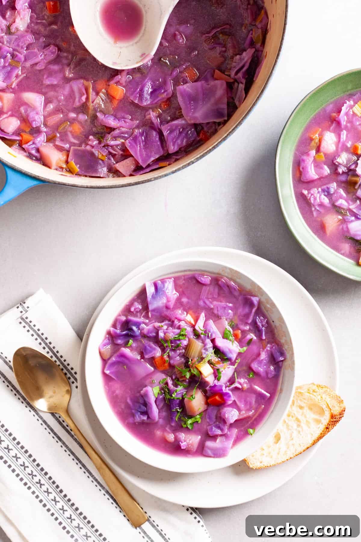 Comforting Red Cabbage Soup Recipe 10 A couple servings of hearty red cabbage soup with the Dutch oven off to the side.