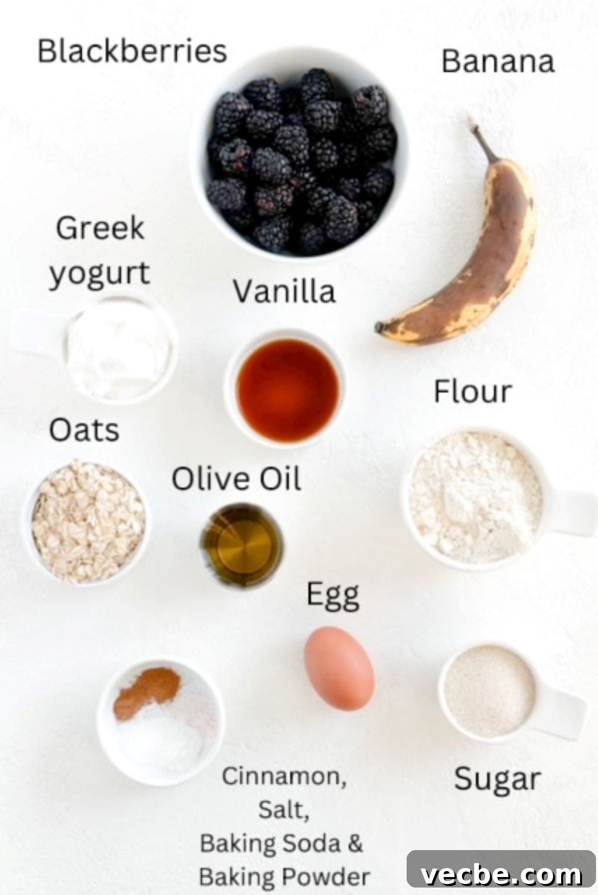 Banana Blackberry Oatmeal Muffins Recipe 3 Blackberry Banana Oatmeal Muffins ingredients, labeled.