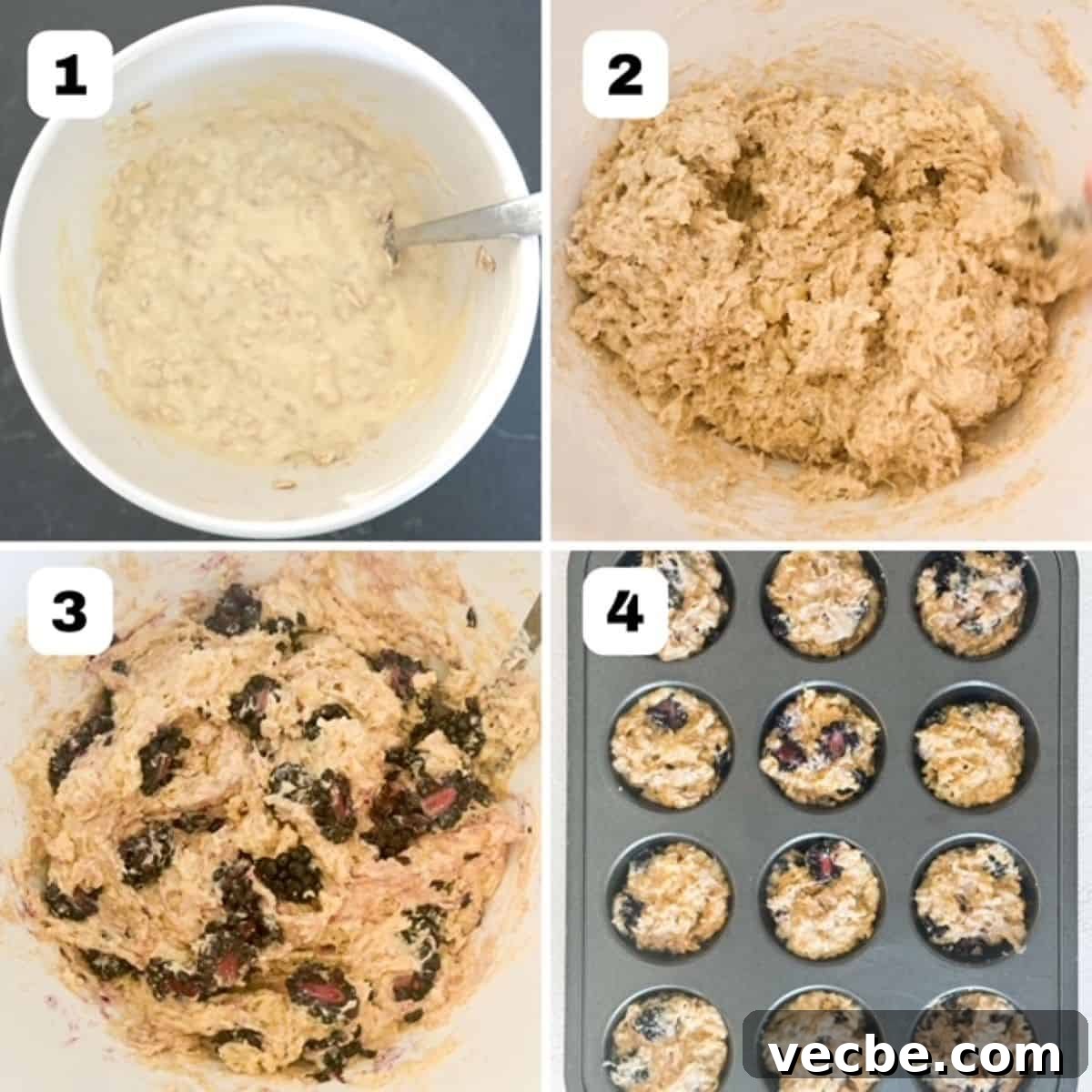 Banana Blackberry Oatmeal Muffins Recipe 4 Four numbered images showing steps on how to make Blackberry Banana Oatmeal Muffins.