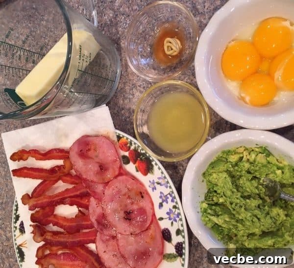 Eggs Benedict Recipe: Poached Eggs and Hollandaise 4 Bowls and plates with Egg Benedict Ingredients, egg yolks, lemon juice, bacon, smashed avocado, butter