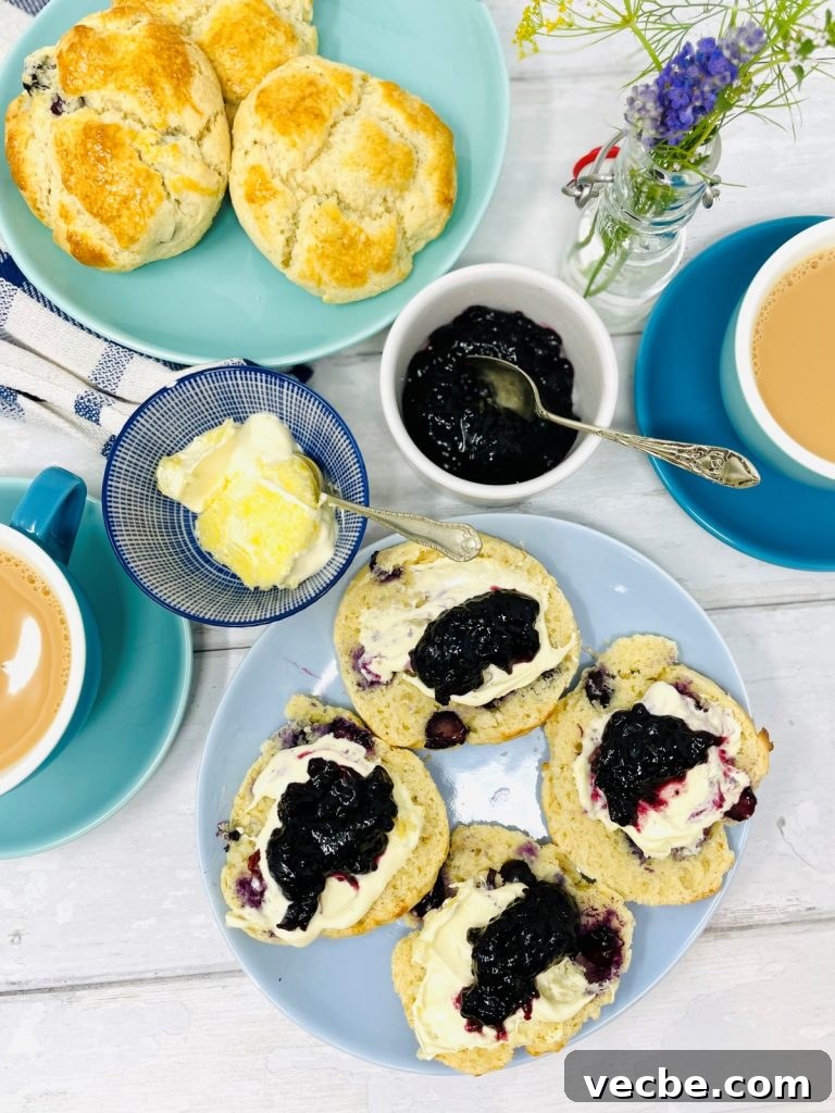 Buttery Blueberry Scones Recipe for Flaky, Tender Results 2 blueberry scones served with clotted cream and blueberry jam. Cups of tea and pot of jam and cream on the table too alongside small vase of wildflowers