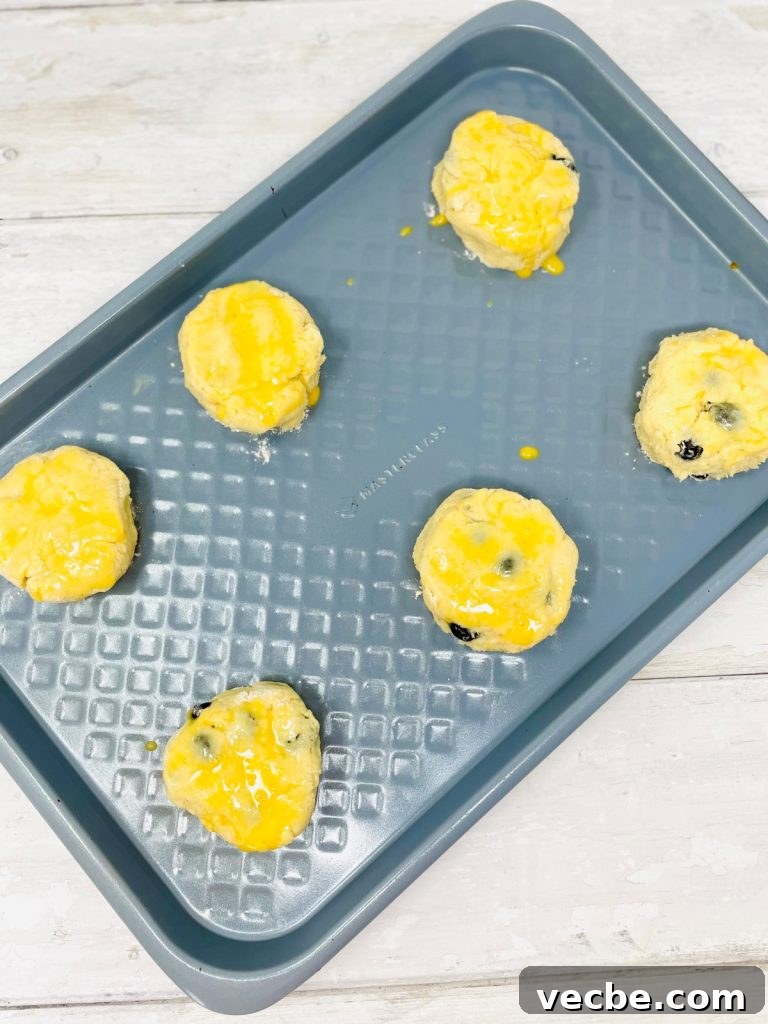Buttery Blueberry Scones Recipe for Flaky, Tender Results 8 six blueberry sconces on a baking tray ready to bake