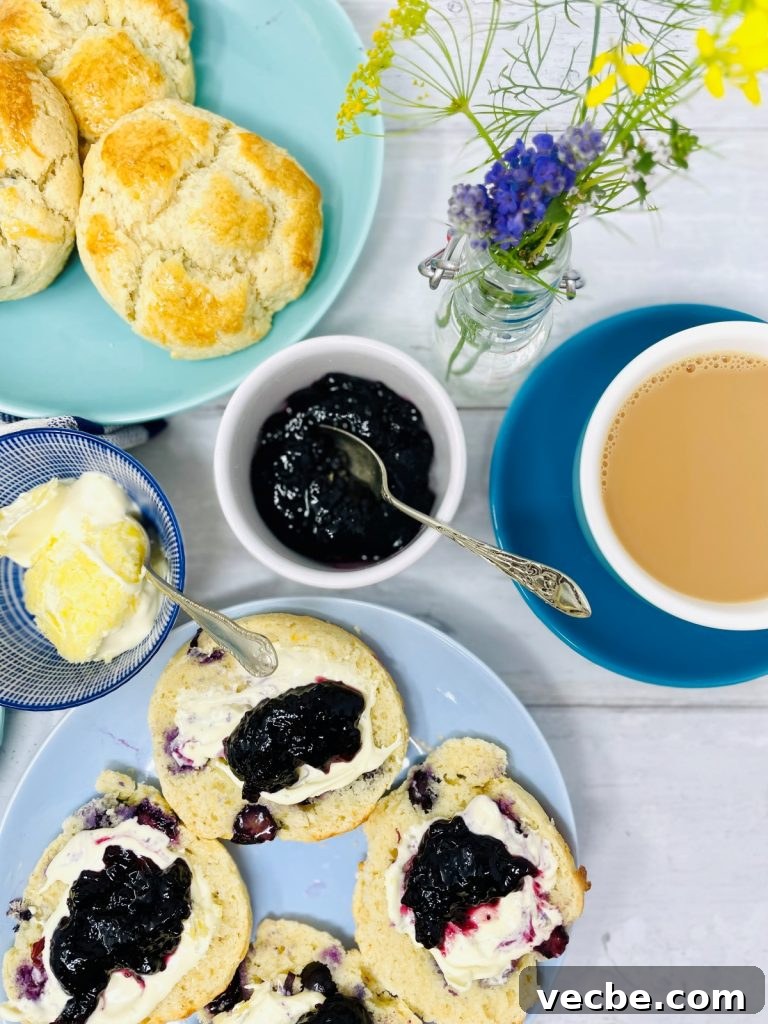 Buttery Blueberry Scones Recipe for Flaky, Tender Results 9 blueberry scones served with clotted cream and blueberry jam. Cups of tea and pot of jam and cream on the table too alongside small vase of wildflowers