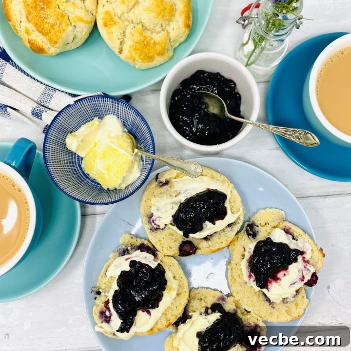 blueberry scones served with clotted cream and blueberry jam. Cups of tea and pot of jam and cream on the table too alongside small vase of wildflowers