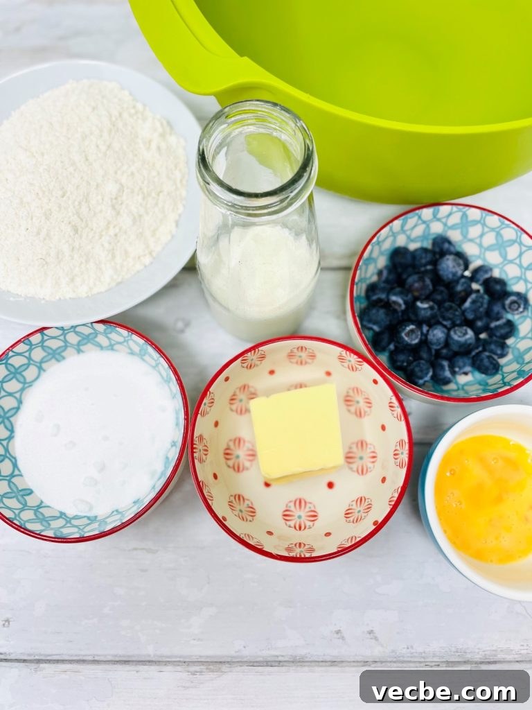Buttery Blueberry Scones Recipe for Flaky, Tender Results 3 ingredients for blueberry scones on a white table top. Include self raising flour, caster sugar, butter, beaten egg, blueberries and bottle of milk