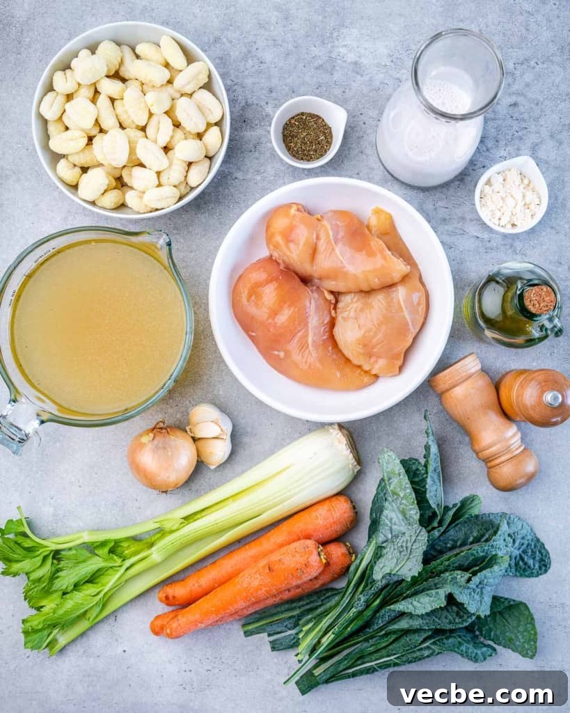 Creamy Chicken Gnocchi Soup Recipe 4 Raw chicken breast in a bowl with other vegetables.