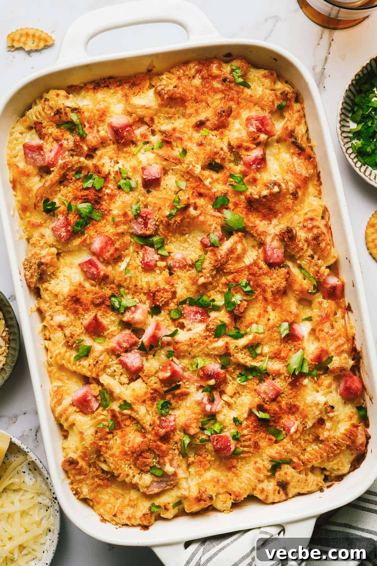 Creamy Chicken Cordon Bleu Casserole Recipe 7 Large pan filled with homemade chicken cordon bleu casserole.