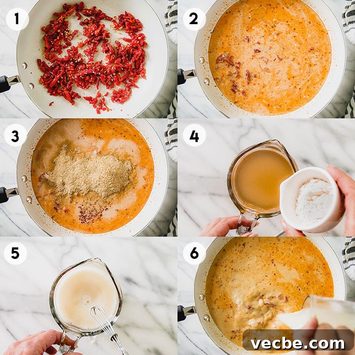 Creamy Sun-Dried Tomato and Basil Pasta Recipe 3 step-by-step process shots for making sun-dried tomato basil pasta 1-6.