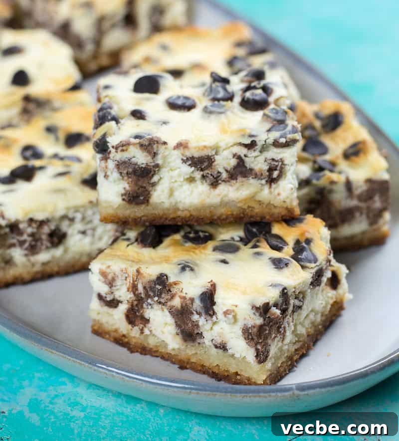 Keto Chocolate Chip Cheesecake Bars — Low-Carb Dessert 4 Keto Chocolate Chip Cheesecake Bars stacked