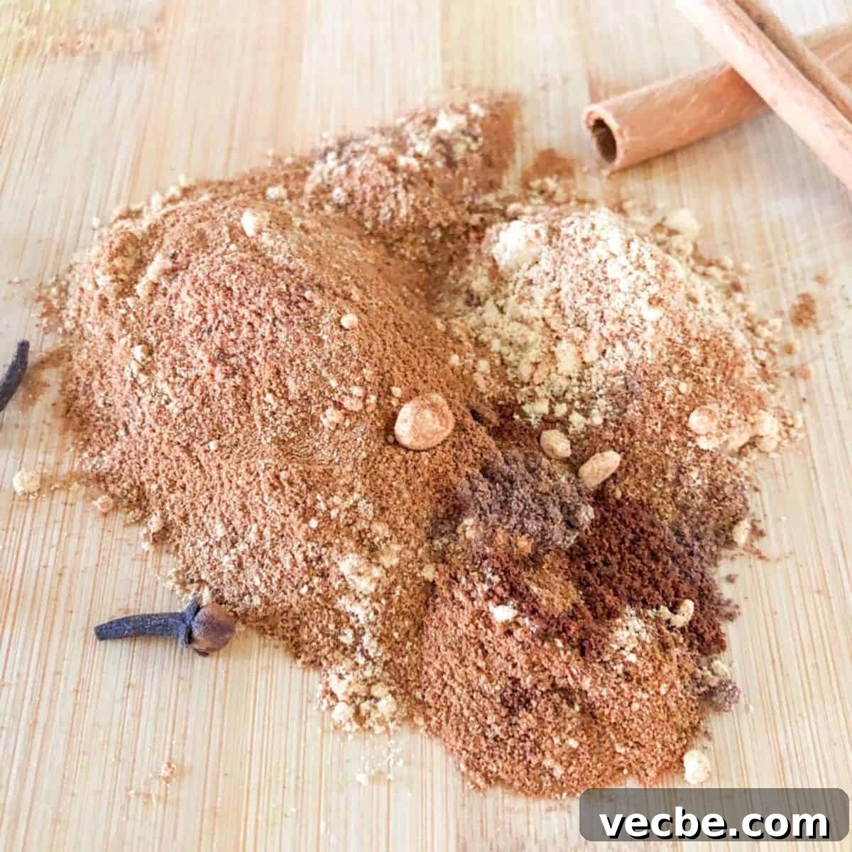 Pumpkin Pie Spice Recipe: Make 1 Tablespoon at Home 2 Spices for homemade pumpkin pie spice recipe on a wooden cutting board with cinnamon sticks and whole cloves.