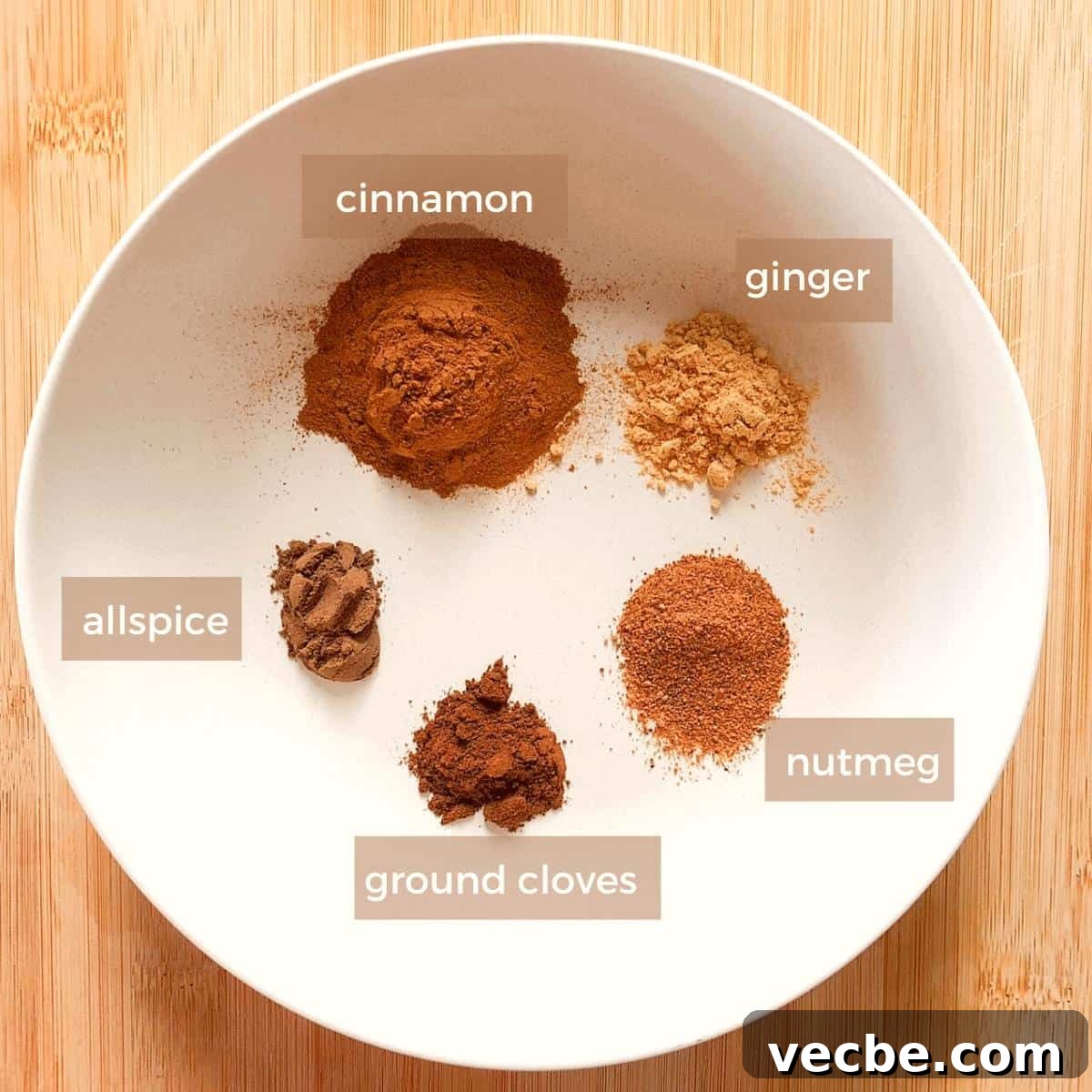 Pumpkin Pie Spice Recipe: Make 1 Tablespoon at Home 3 The five spices needed to make DIY pumpkin spice in a white bowl and labeled.
