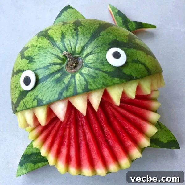 How to Make Chocolate Butterflies for Desserts 4 A watermelon carved to look like a shark, with a gaping mouth of red fruit bites, white teeth, and eyes made from round pieces of fruit and chocolate, plus a tail fin cut from the rind.