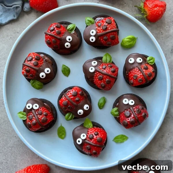 How to Make Chocolate Butterflies for Desserts 5 A plate of Oreo cookies topped with chocolate and strawberry slices, decorated to look like ladybugs with candy eyes and basil leaves.